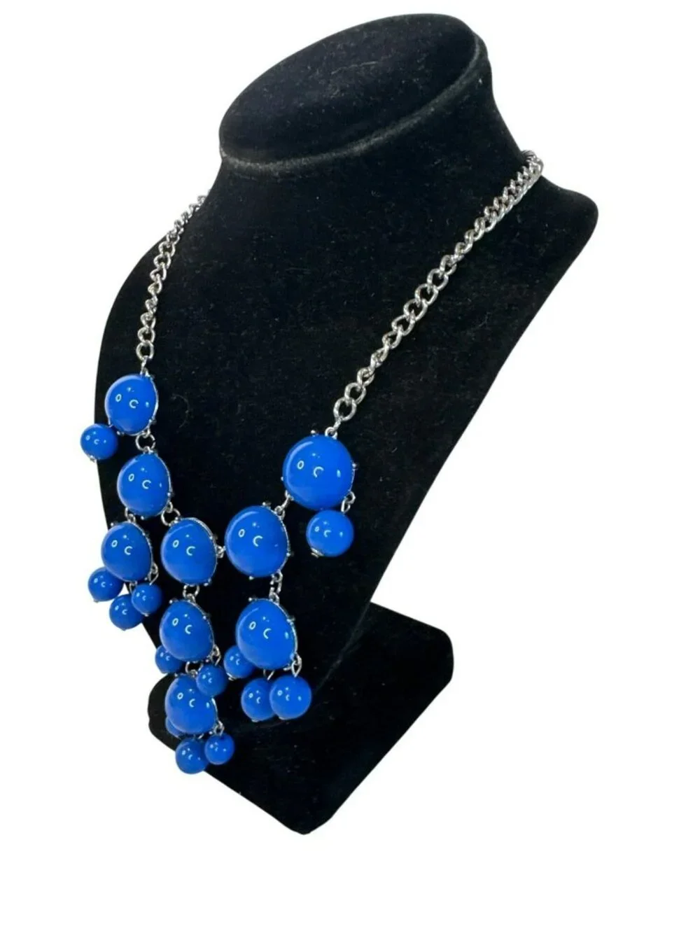 Bubble Statement Necklace Bib Blue Beads & Silver Chain 20